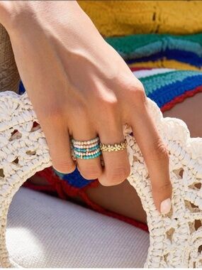NWT Baby Gold Gemstone Stretch Ring in Rose Quartz and 14K Yellow Gold